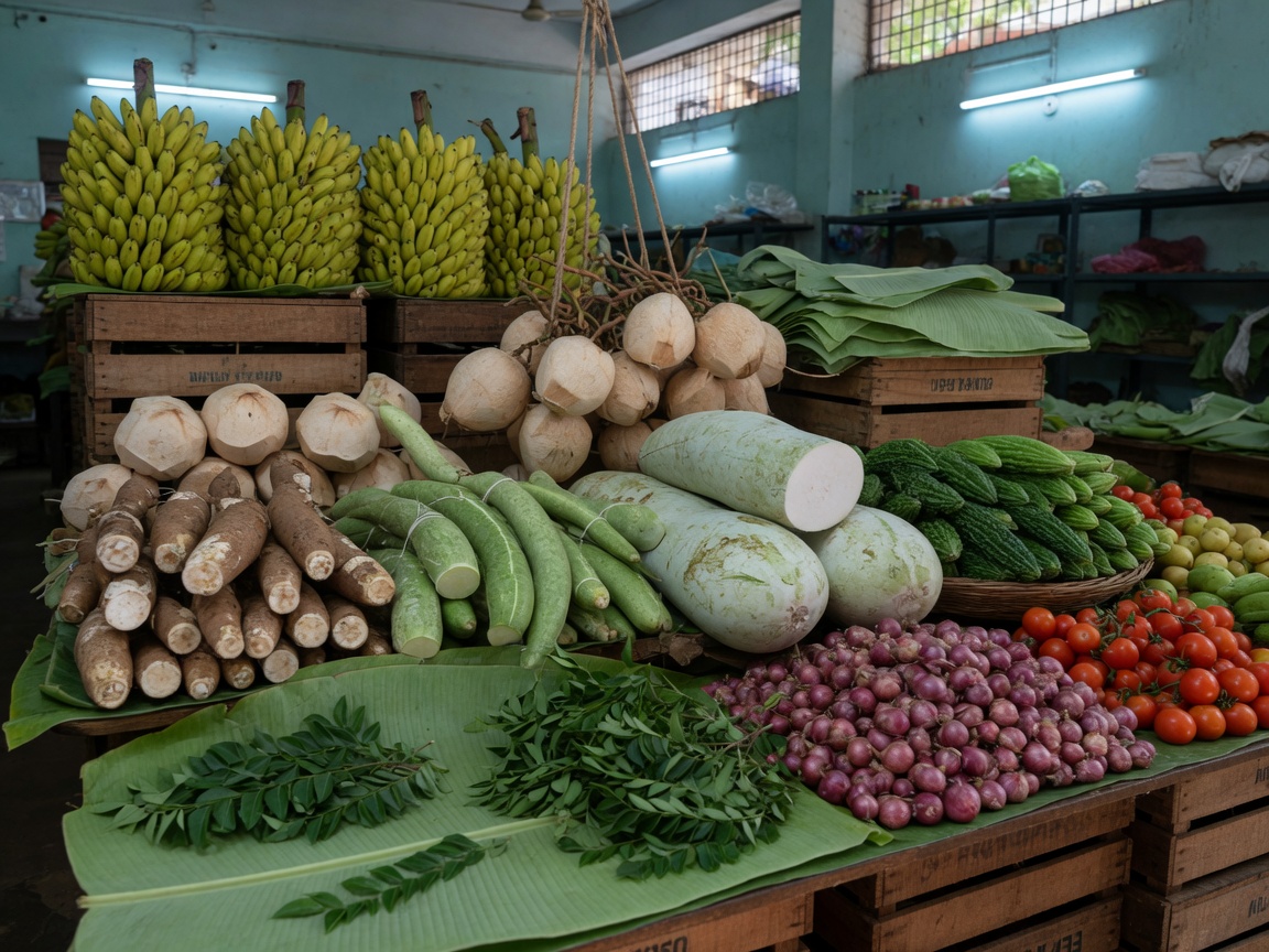 Nendran bananas, tapioca, coconut, ash gourd and curry leaves on the produce table
